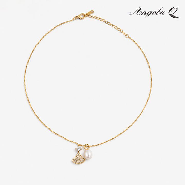 SEASIDE BLOOM Gold Round Pearl CZ Gemstone Charm Necklace - Elegant, Casual, Easy to Wear Female Adults' Daily Jewelry - XL-A-015, Metal Plated Gold