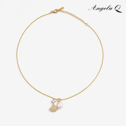 SEASIDE BLOOM Gold Round Pearl CZ Gemstone Charm Necklace - Elegant, Casual, Easy to Wear Female Adults' Daily Jewelry - XL-A-015, Metal Plated Gold