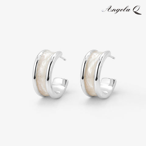 IVORY WAVE Enamel Hoop Earrings, Hoop Shape, 2x0.8 Size, Clean Edge, Coastal Look, for Casual Wear, Soft Curve