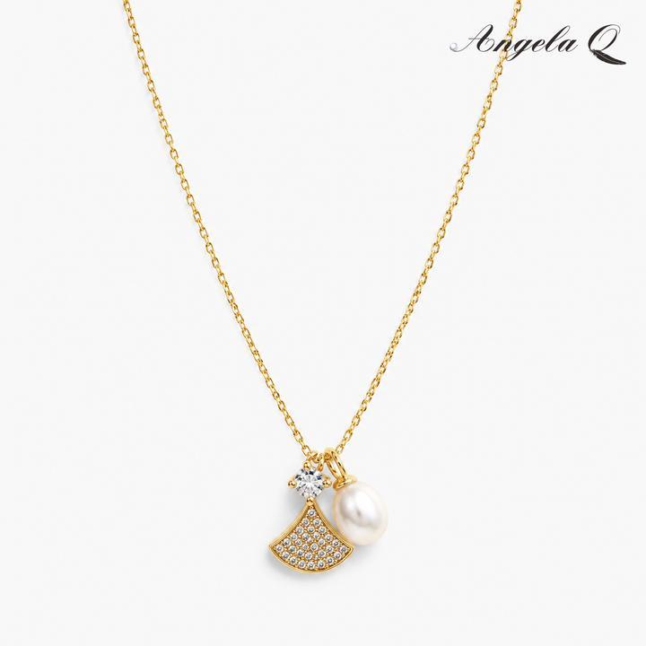 SEASIDE BLOOM Gold Round Pearl CZ Gemstone Charm Necklace - Elegant, Casual, Easy to Wear Female Adults' Daily Jewelry - XL-A-015, Metal Plated Gold