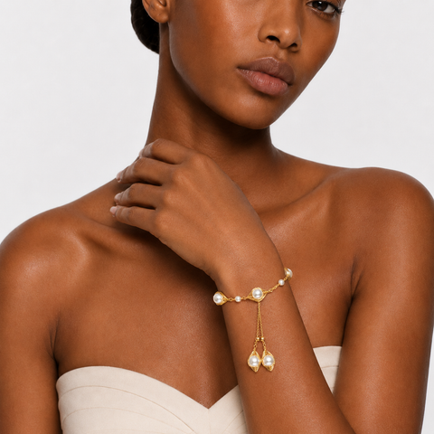 Women's Elegant Gold-Tone Lariat Bracelet with Teardrop Pearl Charms