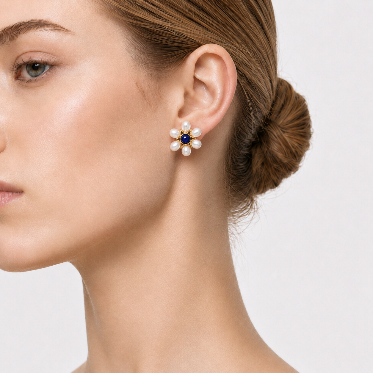 BUTTERFLY BEACH BLUE PEARL FLOWER STUD EARRINGS-400062N