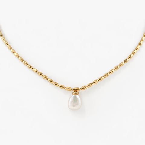 GOLDIE - GOLD BEADED NECKLACE WITH A SINGLE PEARL