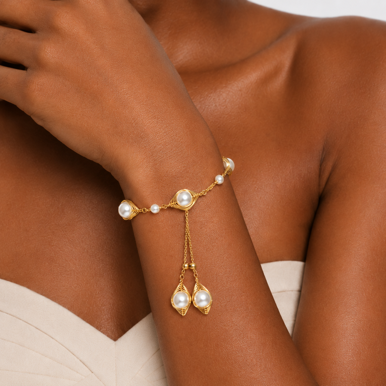 Women's Elegant Gold-Tone Lariat Bracelet with Teardrop Pearl Charms