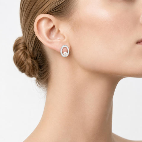 S925 Tidelined Orbit Shape Stud Earrings, Minimalist Design with Pearl Accent, Suitable for Casual Wear