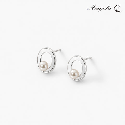 S925 Tidelined Orbit Shape Stud Earrings, Minimalist Design with Pearl Accent, Suitable for Casual Wear