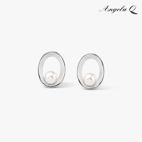 S925 Tidelined Orbit Shape Stud Earrings, Minimalist Design with Pearl Accent, Suitable for Casual Wear