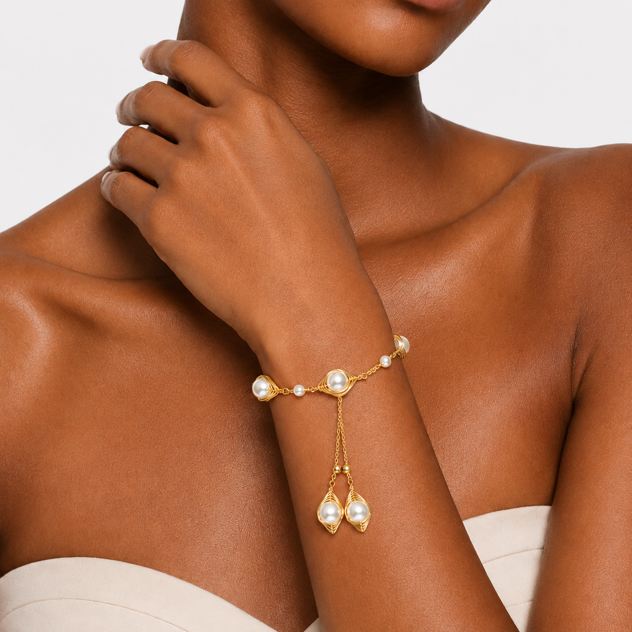 Women's Elegant Gold-Tone Lariat Bracelet with Teardrop Pearl Charms