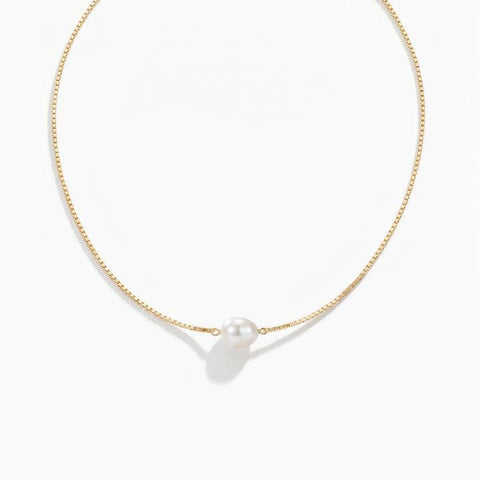 Women's Gold-Plated Box Chain Pearl Necklaces, Minimalist Jewelry with Natural Baroque Pearl Accent, Ideal for Layering, Everyday Wear