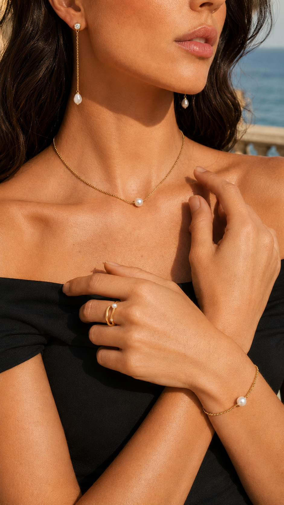 The Golden Pearl Complete Set – 4-Piece Necklace, Bracelet, Earrings & Ring Gift Set