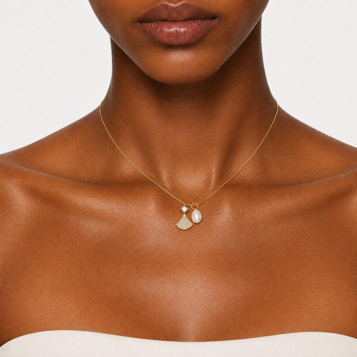 SEASIDE BLOOM Gold Round Pearl CZ Gemstone Charm Necklace - Elegant, Casual, Easy to Wear Female Adults' Daily Jewelry - XL-A-015, Metal Plated Gold