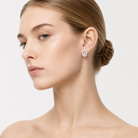 S925 Tidelined Orbit Shape Stud Earrings, Minimalist Design with Pearl Accent, Suitable for Casual Wear